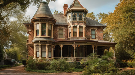 Home architecture design in Gothic Revival Style with Pointed arches constructed by Stone and wood material. Victorian grandeur. Generative AI AIG25 .の素材