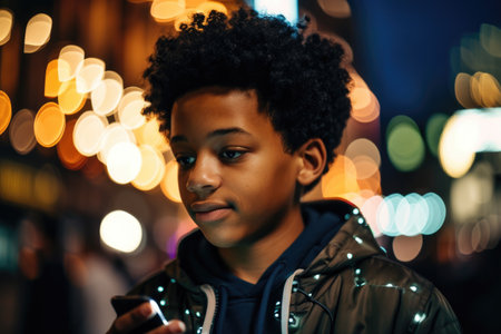 Low angle shot of a young african-american 10-year-old little boy trendy clothes using mobile phone with background of urban city street at night. Generative AI AIG18.の素材