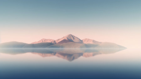 Beautiful mountain lake and natural environment in the morning background. Tranquil orange and teal sunset light in panoramic mountainous and nature lake shore scenery. Picturesque generative AIの素材
