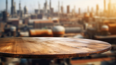 The empty wooden table top with blur background of factory. Exuberant image.の素材