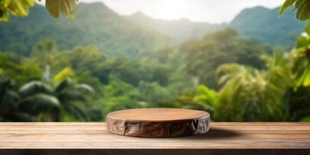 A flat rock empty table for product display with blur background of tropical jungle. Generative AI AIG30.の素材