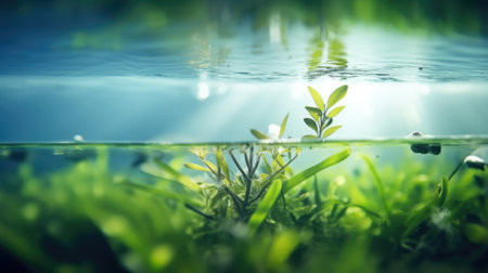 half underwater split, macro photography, stream of fresh water, young green plant, outdoor springtime. beautiful Generative AI AIG32の素材
