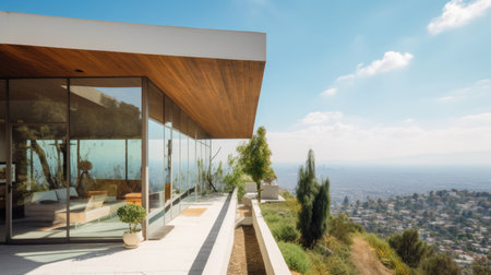 Home architecture design in Mid-century Style with Butterfly roof constructed by Glass and Wood siding material. Mid-century Modern style. Generative AI AIG25 .の素材