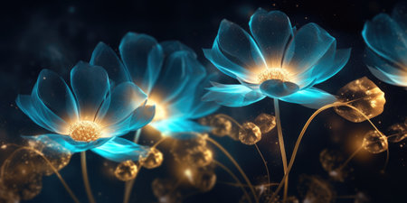 Beautiful abstract gold and blue night photo floral design background banner. beautiful Generative AI AIG32の素材