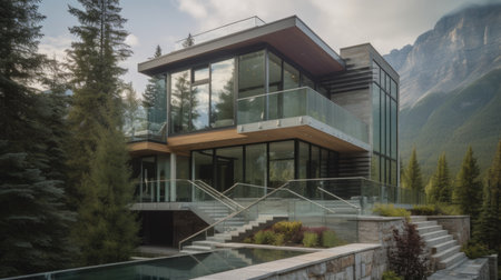 Home architecture design in Contemporary Style with Glass curtain walls constructed by Steel and Glass material. Minimalist Modern design. Generative AI AIG25 .の素材