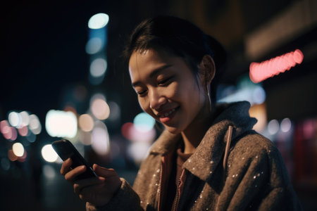 Low angle shot of a young chinese japanese woman trendy clothes using mobile phone with background of urban city street at night. Generative AI AIG18.の素材