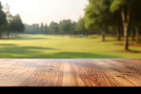 The empty wooden brown table top with blur background of country club. Exuberant image.の写真素材