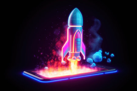 Rocket coming out of tablet screen , neon light. beautiful Generative AI AIG32の素材