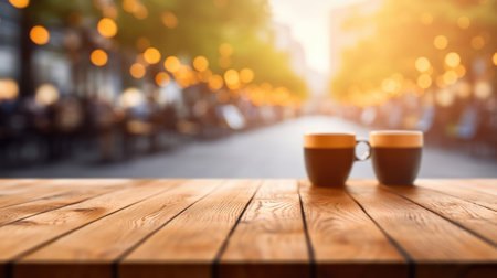 The empty wooden table top with blur background of outdoor cafe in the morning. Generative AI image AIG30.の素材