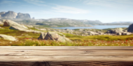 The empty wooden brown table top with blur background of Greenland in summer. Exuberant image.の素材