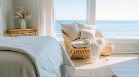 Bedroom decor, home interior design . Coastal Scandinavian style with Ocean View decorated with Natural Wood and White Painted Wood material . Generative AI AIG26.の素材