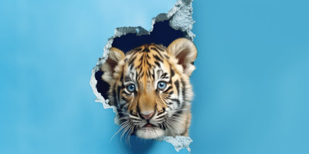 Cute Tiger peeking out of a hole in wall, torn hole, empty copy space frame, mockup. Generative AI image weber.の素材
