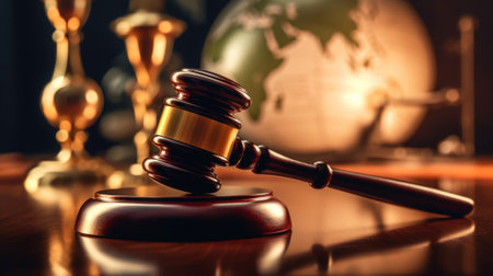 gavel of law on table top, with world map in blur background. beautiful Generative AI AIG32の素材