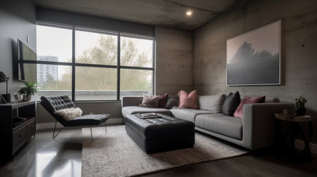 Living room decor, home interior design . Contemporary Industrial style with Wall Art decorated with Concrete and Metal material . Generative AI AIG26.の素材