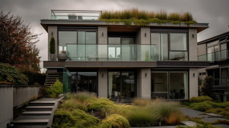 Home architecture design in Mid-Century Style with Angular rooflines constructed by Wood and Glass material. Atomic Ranch style. Generative AI AIG25 .の素材