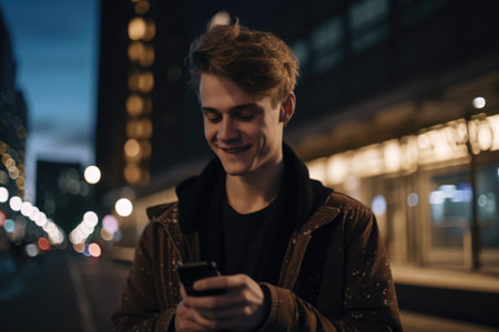 Low angle shot of a young caucasian man trendy clothes using mobile phone with background of urban city street at night. Generative AI AIG18.の素材