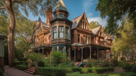 Home architecture design in Gothic Revival Style with Pointed arches constructed by Stone and wood material. Victorian grandeur. Generative AI AIG25 .の素材
