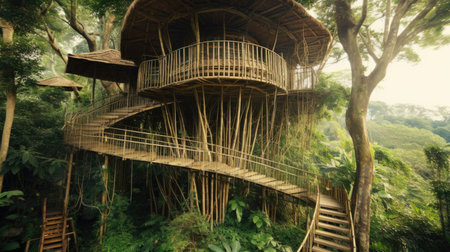 The large tropical treehouse with stair in jungle. Generative AI image AIG30.の素材