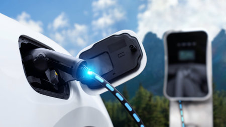 Electric car plugged in with charging station to recharge battery by EV charger cable with nature...