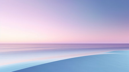 Clear blue sky sunset with glowing pink and purple horizon on calm ocean seascape background. Picturesqueの写真素材