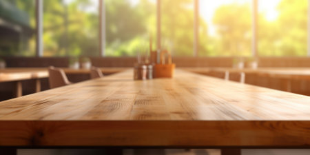 The wooden table top with blur background of classroom. Exuberant image.