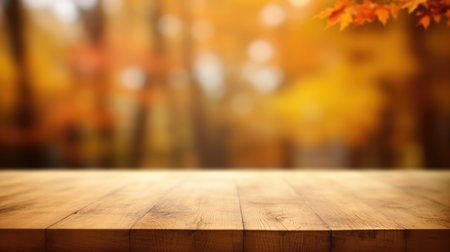 The empty wooden table top with blur background of autumn. Exuberant image.の写真素材
