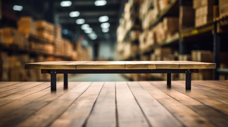 The empty wooden table top with blur background of warehouse storage. Generative AI image AIG30.の素材