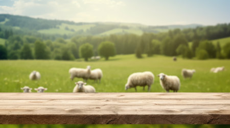 The empty wooden brown table top with blur background of sheep pasture. Exuberant image.の写真素材