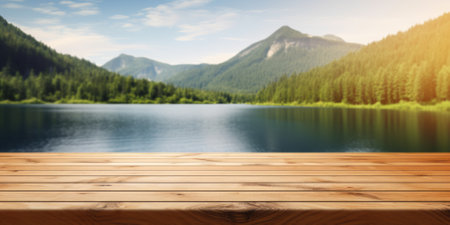 The empty wooden table top with blur background of summer lakes mountain. Exuberant image.の写真素材