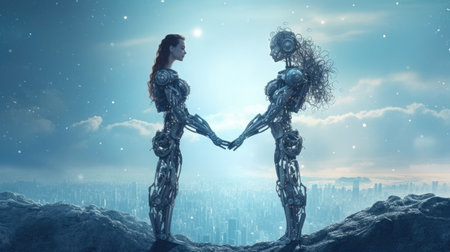 Couple of man and robot girl holding each others hands on space sky background, imagination of love passion fantasy between human and AI. Generative AI image weber.の素材