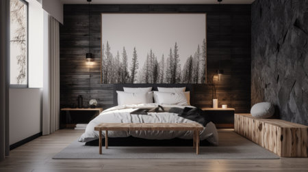 Bedroom decor, home interior design . Contemporary Japanese style with Accent Wall decorated with Wood and Stone material . Generative AI AIG26.の素材