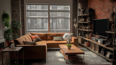 A stylish modern industrial living room interior design with brick wall and a view of another residence. Generative AI AIG27.の素材