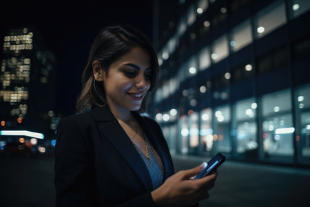 Wide angle shot of a young mexican hispanic businesswoman executive using mobile phone with background of modern office buildings at night. Generative AI AIG18.の素材
