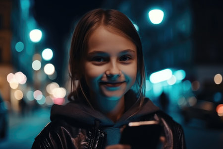 Low angle shot of a young caucasian 10-year-old little girl trendy clothes using mobile phone with background of urban city street at night. Generative AI AIG18.の素材