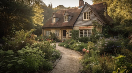 Home architecture design in Cottage Style with Sloped roof constructed by Wood and Stone material. English Cottage style. Generative AI AIG25 .の素材