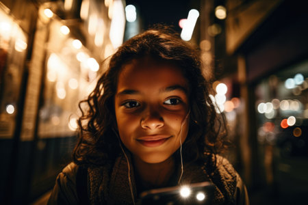 Wide angle shot of a young mexican hispanic 10-year-old little girl trendy clothes using mobile phone with background of urban city street at night. Generative AI AIG18.の素材