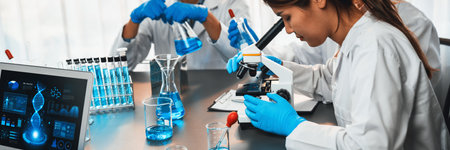 Dedicated scientist group working on advance biotechnology computer software to study or analyze DNA...