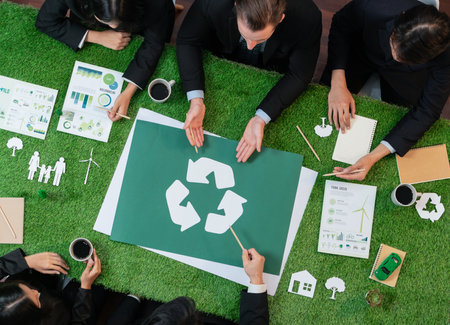 Top view panorama banner recycle icon on meeting table in office with business people planning eco business investment on waste management as recycle reduce reuse concept for clean ecosystem. Quaintの写真素材