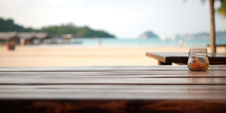 The empty wooden table top with blur background of Thailand beach. Generative AI image AIG30.の素材