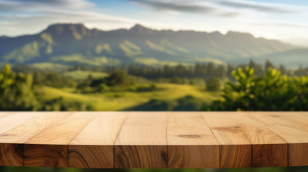 The empty wooden brown table top with blur background of New Zealand nature. Exuberant image.の写真素材