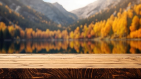The empty wooden table top with blur background of lake and mountain in autumn. Exuberant image.の写真素材