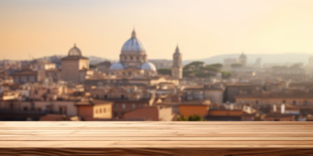 The empty wooden table top with blur background of Rome. Exuberant image.の写真素材