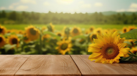 The empty wooden table top with blur background of sunflower field. Generative AI image AIG30.の素材