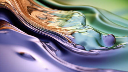 The close up of a glossy metal surface in lavender, mint green, and olive green colors with a soft focus. 3D illustration of exuberant.の写真素材