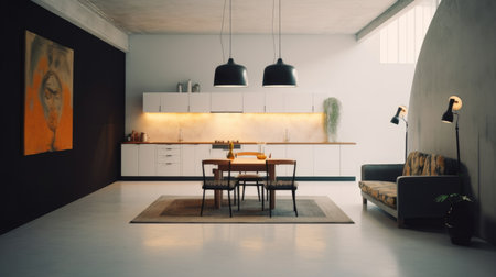 The modern high ceiling kitchen with dining table and cooking space near panel window in the loft style. Generative AI AIG27.の素材