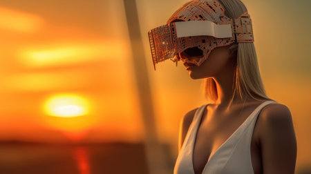 Modeling woman wearing virtual reality with haute couture dress style and shooting fashion in sunset. Generative AI AIG27.の素材
