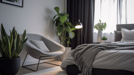 Bedroom decor, home interior design . Modern Minimal style with Bed decorated with Wood and Metal material . Generative AI AIG26.の素材