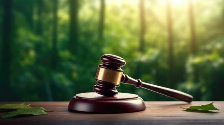 A gavel on a table top with green forest in blur background. beautiful Generative AI AIG32の素材