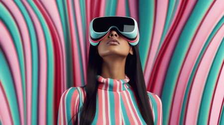 Young female model wearing VR posing with trendy fashion outfit and colorful pastel optical art abstract background. Picturesque generative AIの素材
