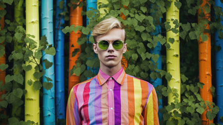Young male model posing with trendy man fashion outfit in colorful rainbow in forest background. Picturesque generative AIの素材